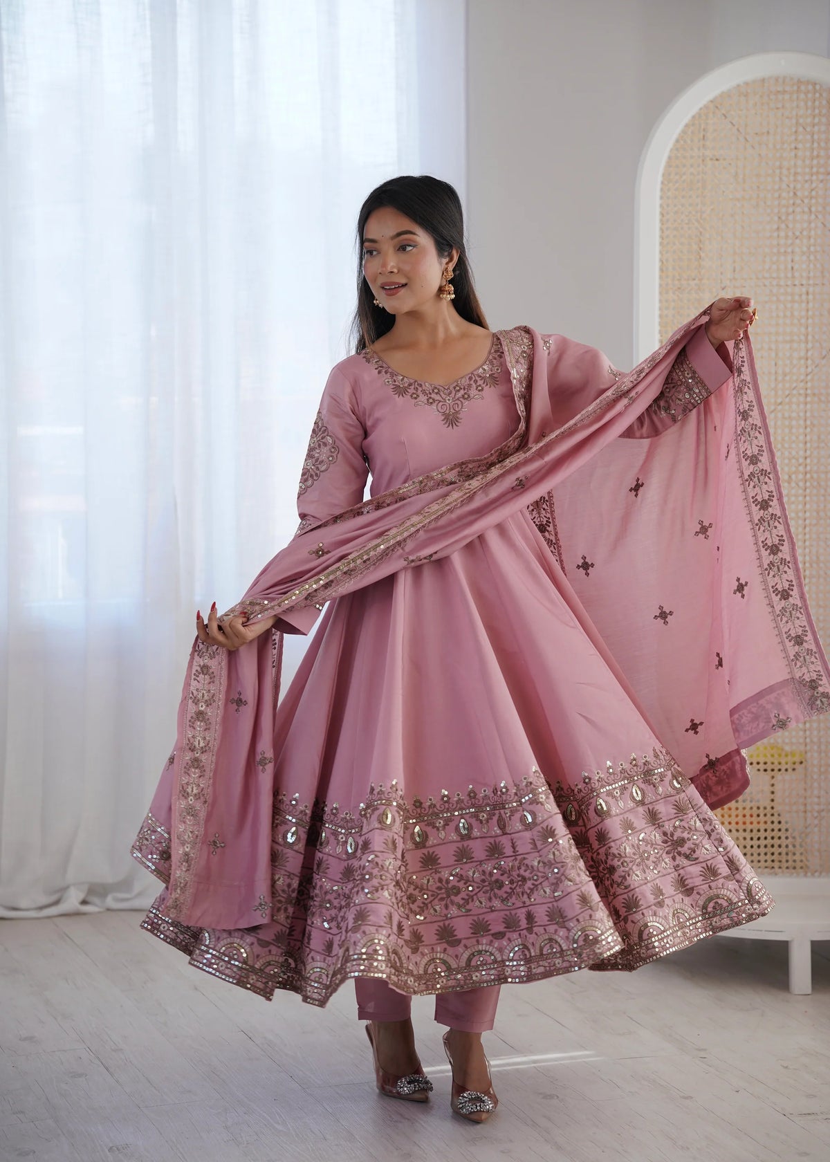 Light Pink Embroidered Roman Silk Kurta Pant Set