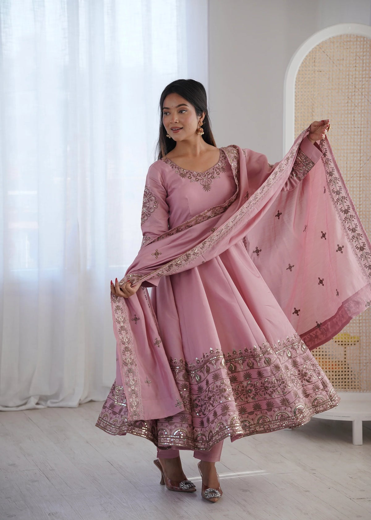 Light Pink Embroidered Roman Silk Kurta Pant Set