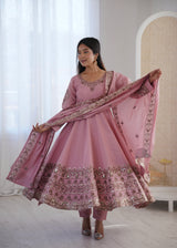 Light Pink Embroidered Roman Silk Kurta Pant Set