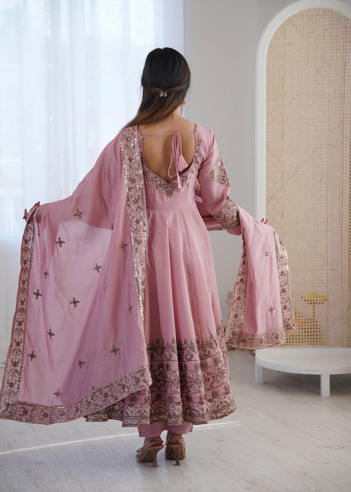 Light Pink Embroidered Roman Silk Kurta Pant Set