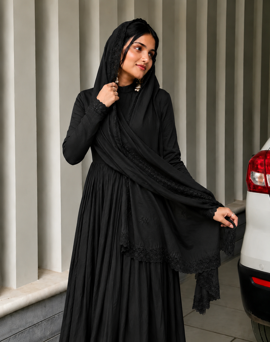 Elegant Black Cotton Anarkali Suit Set for Women