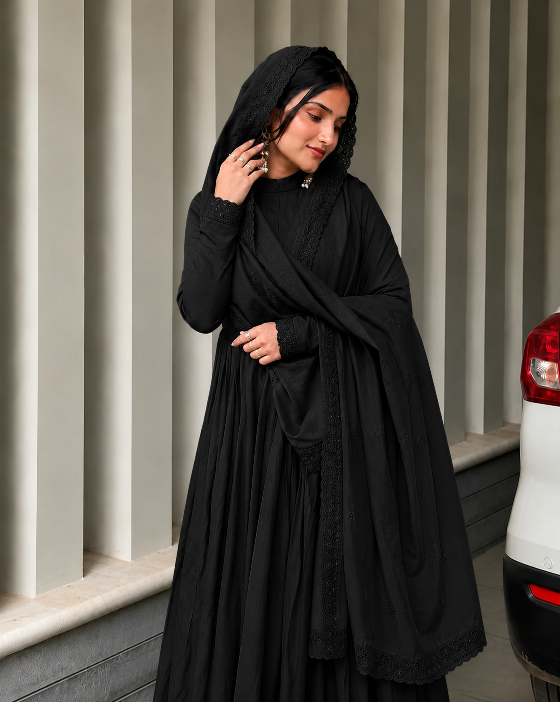 Elegant Black Cotton Anarkali Suit Set for Women