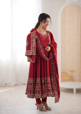 Maroon Embroidered Roman Silk Kurta Pant Set
