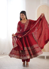 Maroon Embroidered Roman Silk Kurta Pant Set