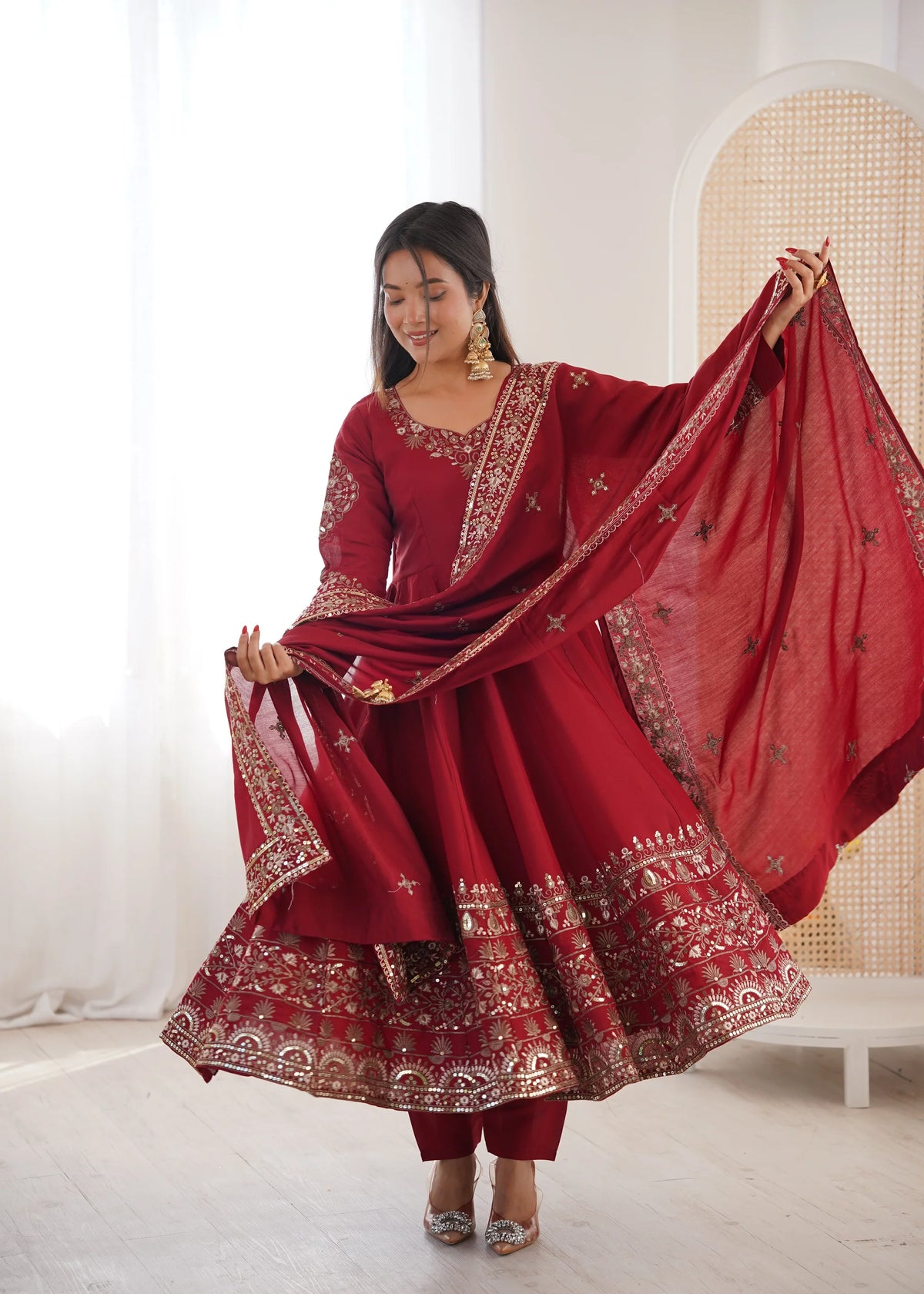 Maroon Embroidered Roman Silk Kurta Pant Set