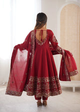 Maroon Embroidered Roman Silk Kurta Pant Set
