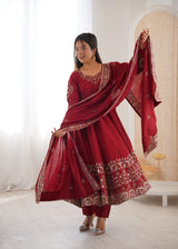 Maroon Embroidered Roman Silk Kurta Pant Set