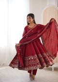 Maroon Embroidered Roman Silk Kurta Pant Set
