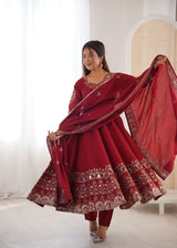 Maroon Embroidered Roman Silk Kurta Pant Set