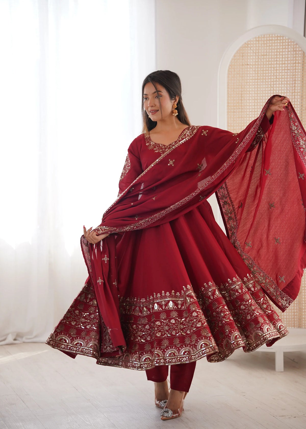 Maroon Embroidered Roman Silk Kurta Pant Set