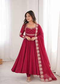 Wine Maroon Embroidered Anarkali Suit Set