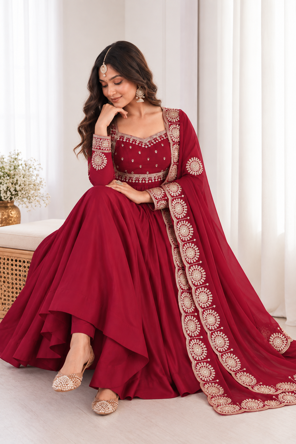 Wine Maroon Embroidered Anarkali Suit Set