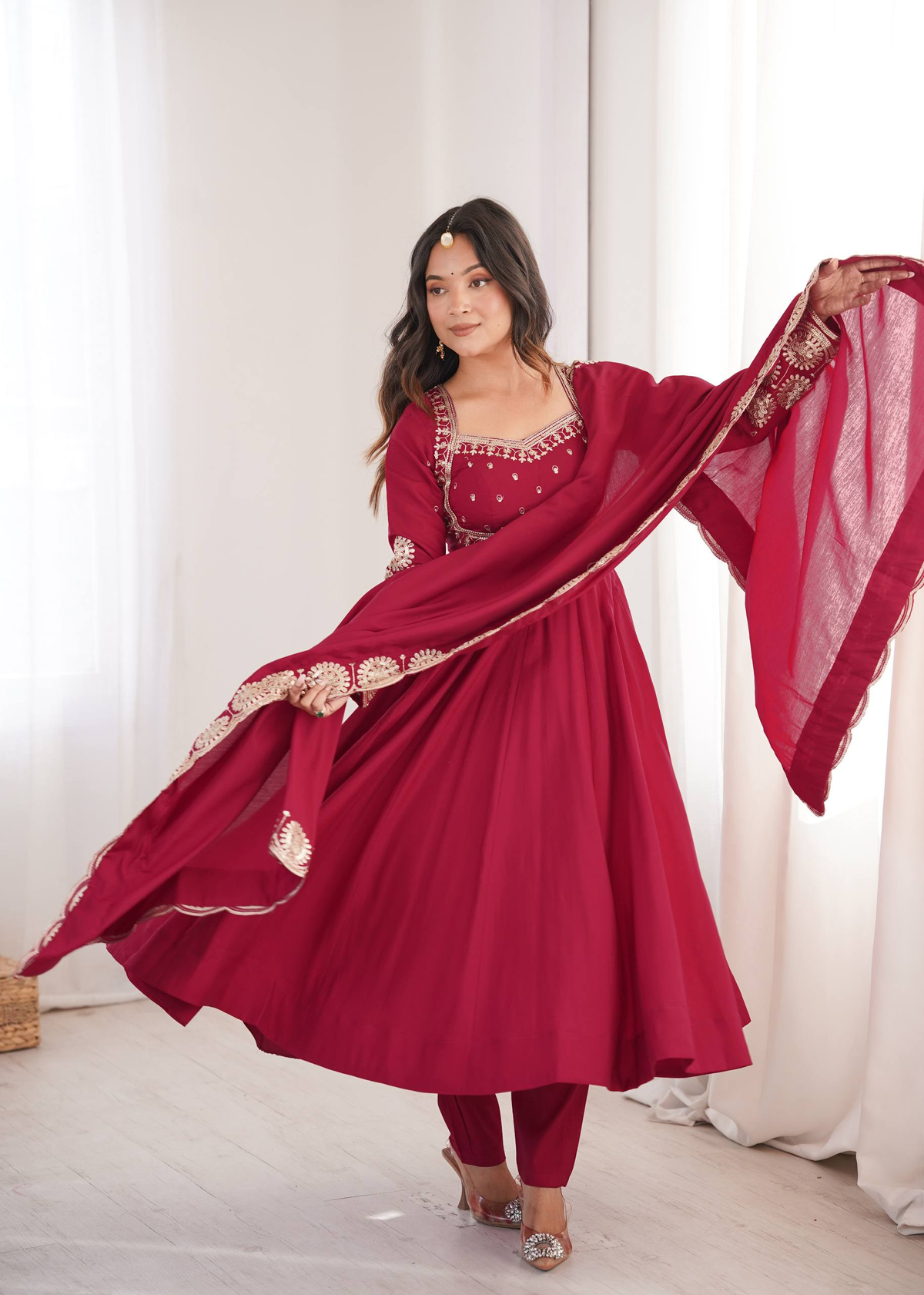 Wine Maroon Embroidered Anarkali Suit Set