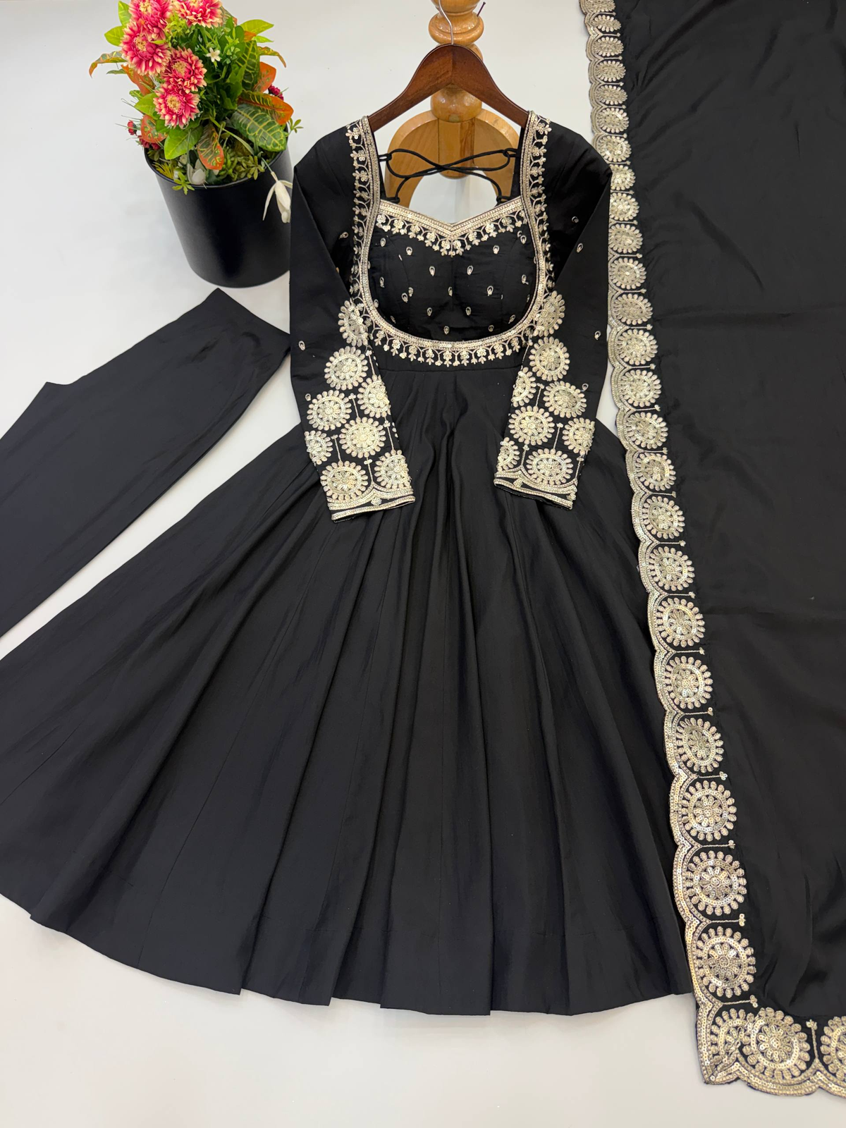 Midnight Black Embroidered Anarkali Suit Set