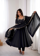 Midnight Black Embroidered Anarkali Suit Set