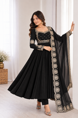 Midnight Black Embroidered Anarkali Suit Set