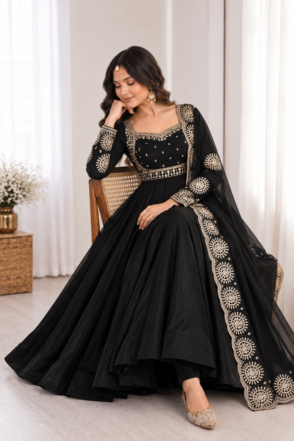 Midnight Black Embroidered Anarkali Suit Set