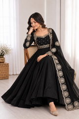 Midnight Black Embroidered Anarkali Suit Set