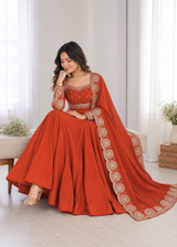 Burnt Orange Embroidered Anarkali Suit Set