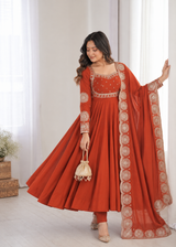 Burnt Orange Embroidered Anarkali Suit Set