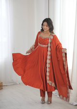 Burnt Orange Embroidered Anarkali Suit Set