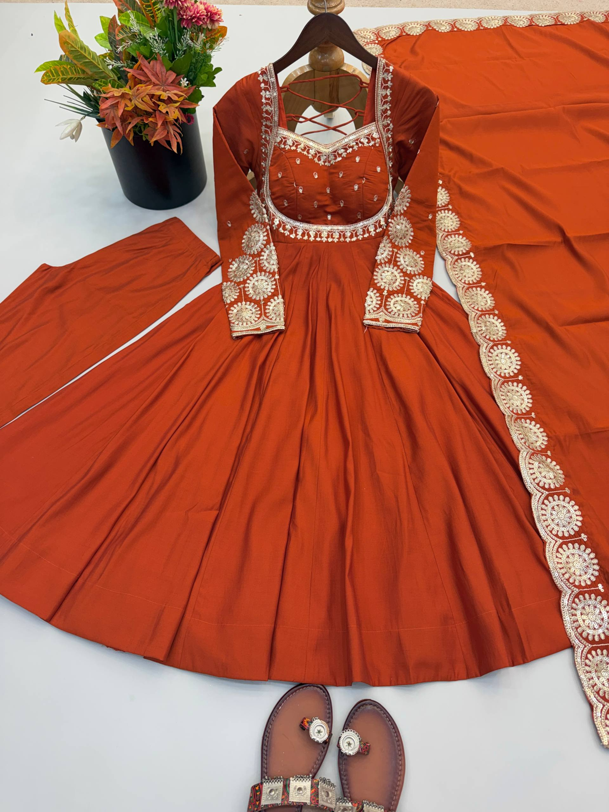 Burnt Orange Embroidered Anarkali Suit Set