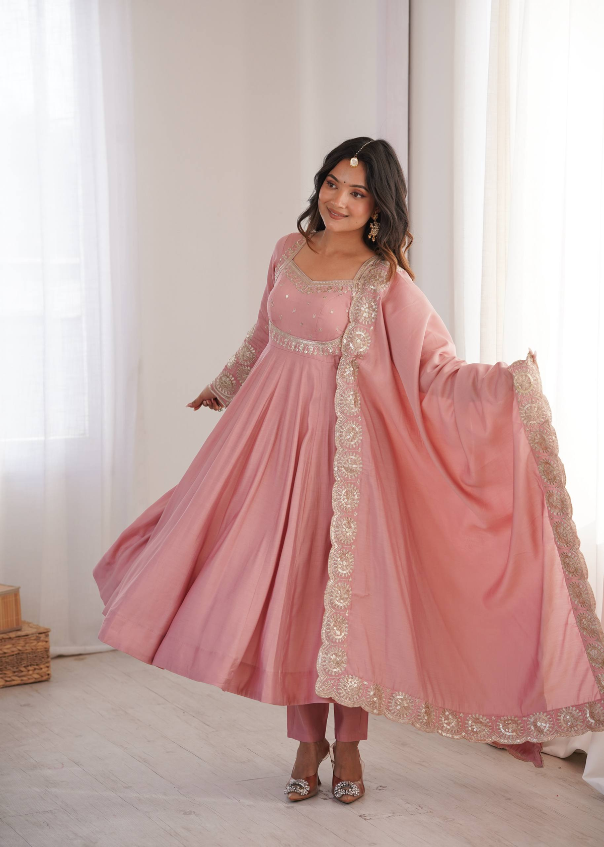Dusty Rose Pink Embroidered Anarkali Suit Set