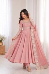 Dusty Rose Pink Embroidered Anarkali Suit Set