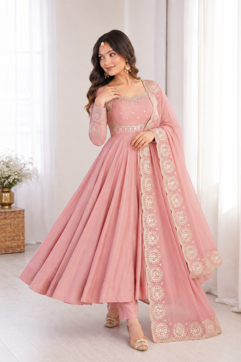Dusty Rose Pink Embroidered Anarkali Suit Set