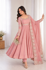 Dusty Rose Pink Embroidered Anarkali Suit Set