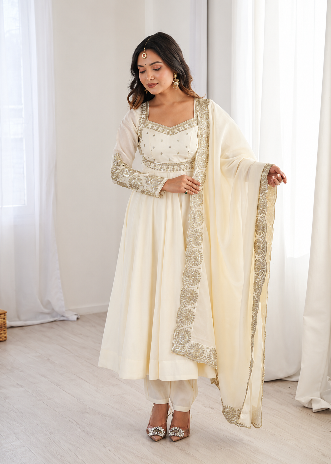 Ivory Pearl Embroidered Anarkali Suit Set