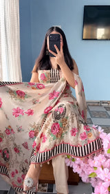 Ivory Floral Printed Muslin Kurta Pant Set