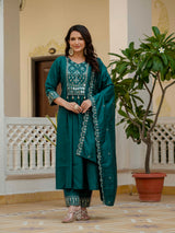 Teal Viscose Roman Silk Anarkali Kurti Pant Set