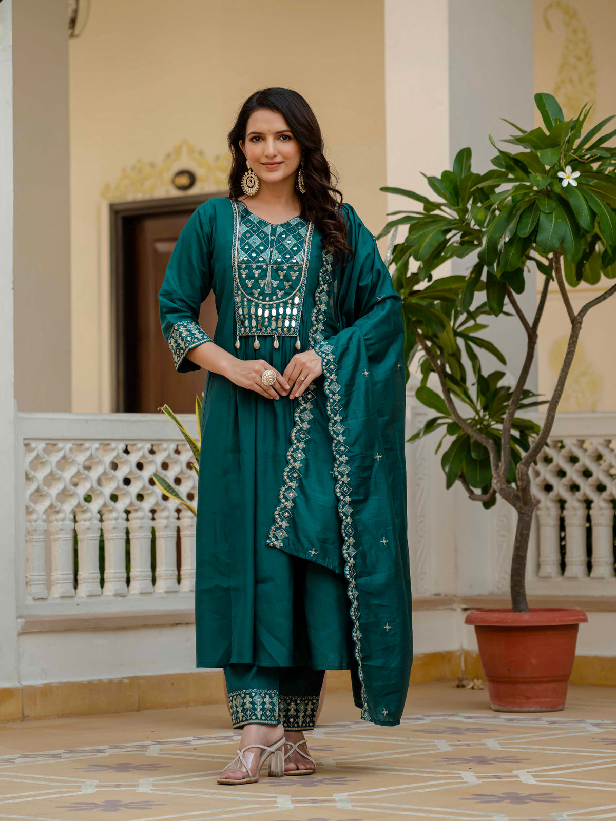 Teal Viscose Roman Silk Anarkali Kurti Pant Set