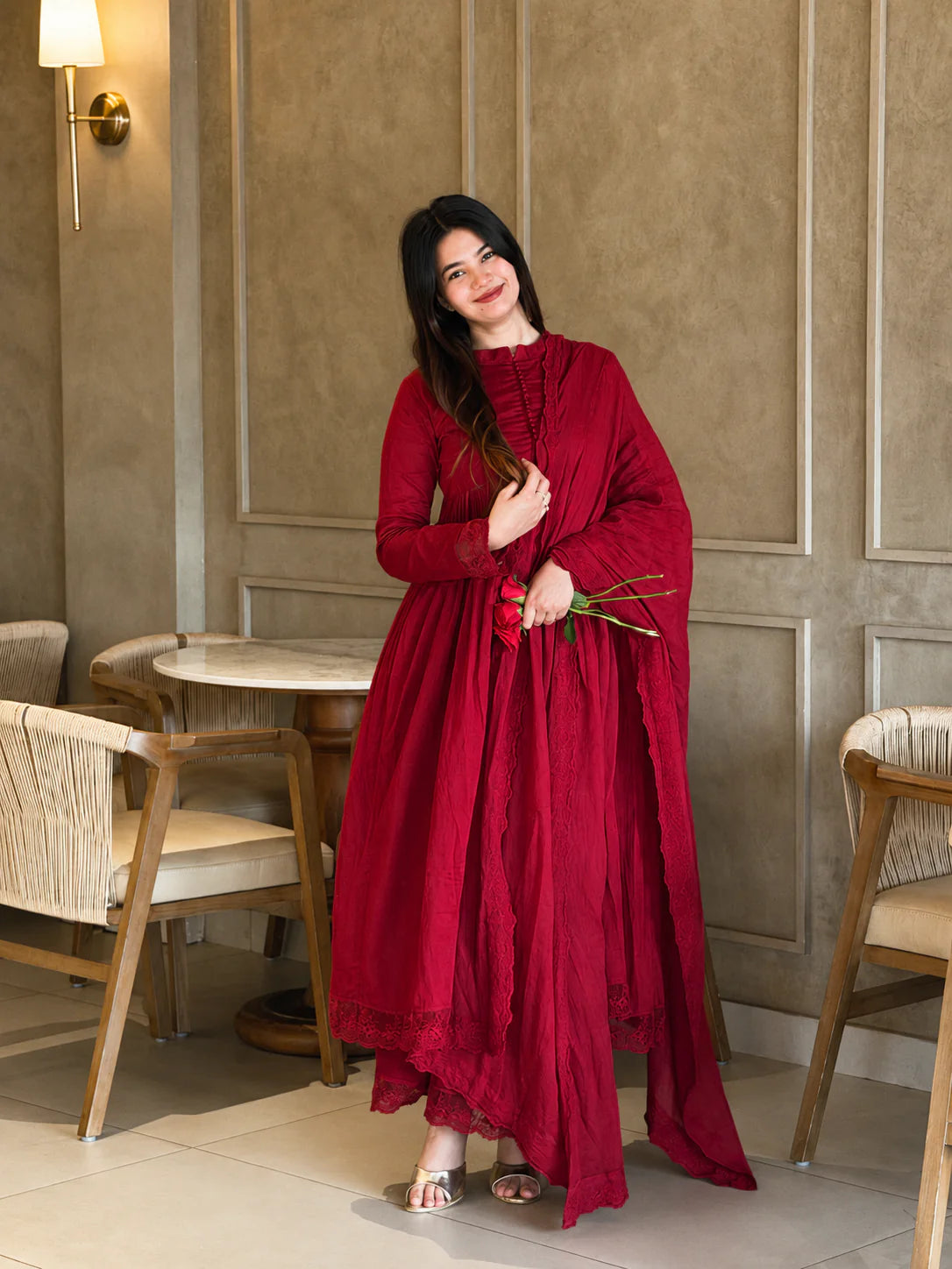 Wine Red Anarkali Suit Set with Dupatta