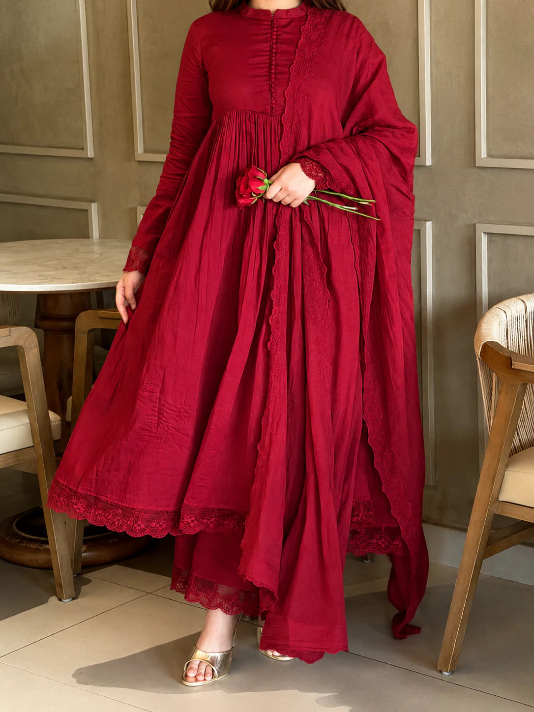 Wine Red Anarkali Suit Set with Dupatta