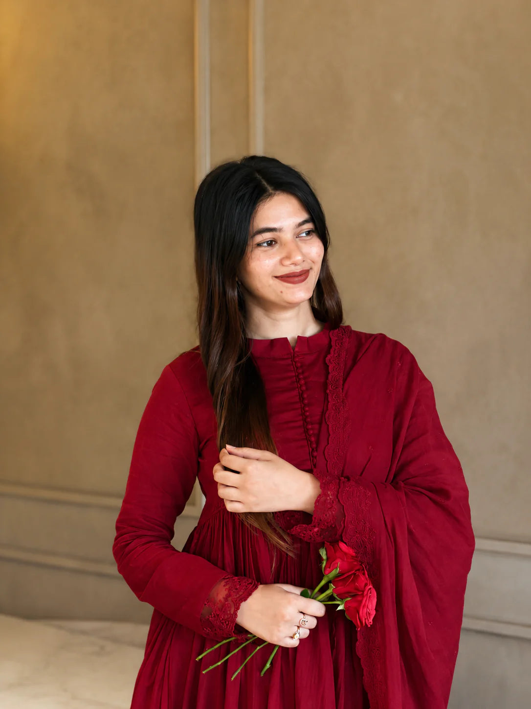 Wine Red Anarkali Suit Set with Dupatta