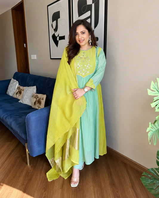 Green & Lime Yellow Embroidered Anarkali Suit Set