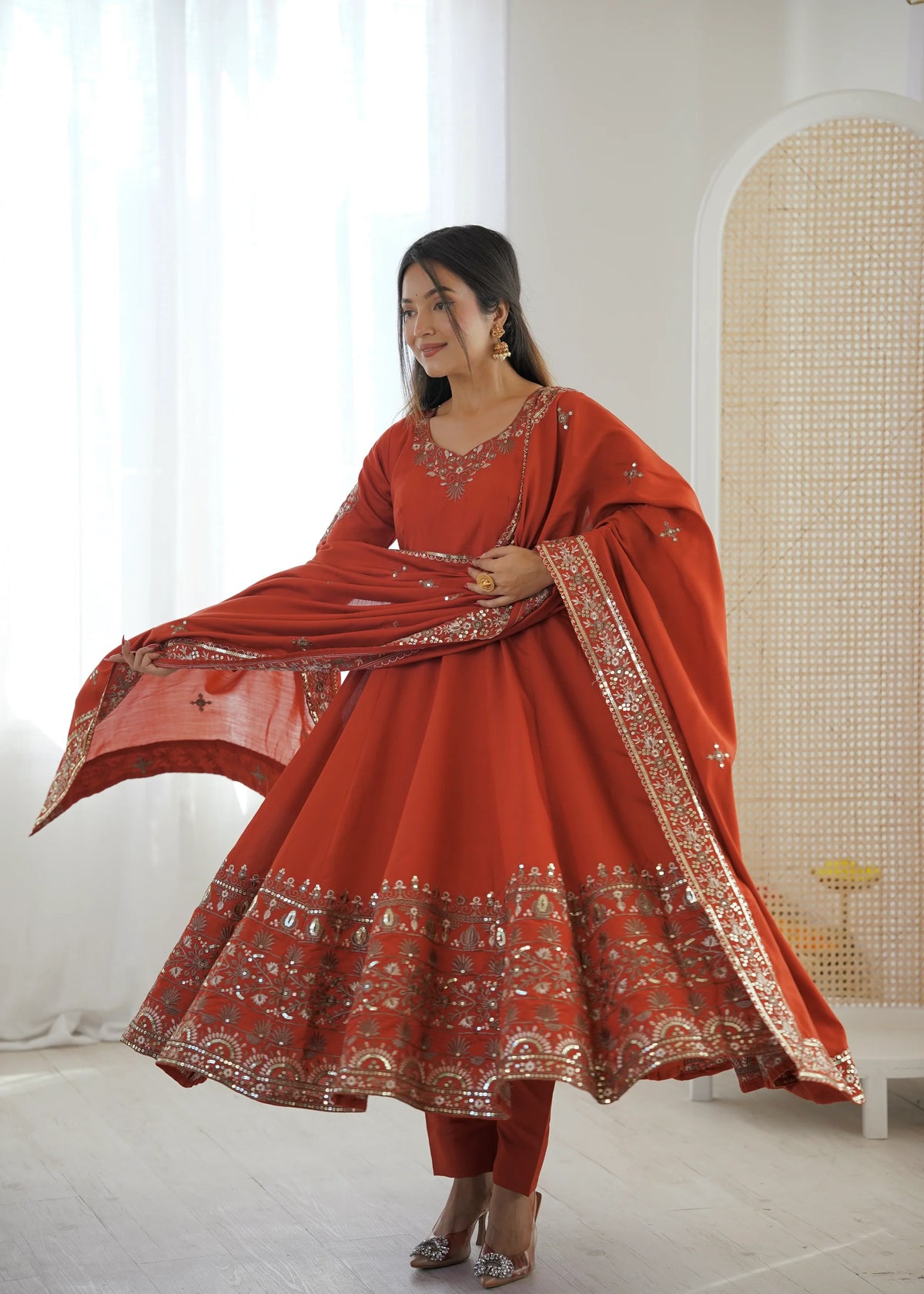 Orange Embroidered Roman Silk Kurta Pant