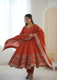 Orange Embroidered Roman Silk Kurta Pant