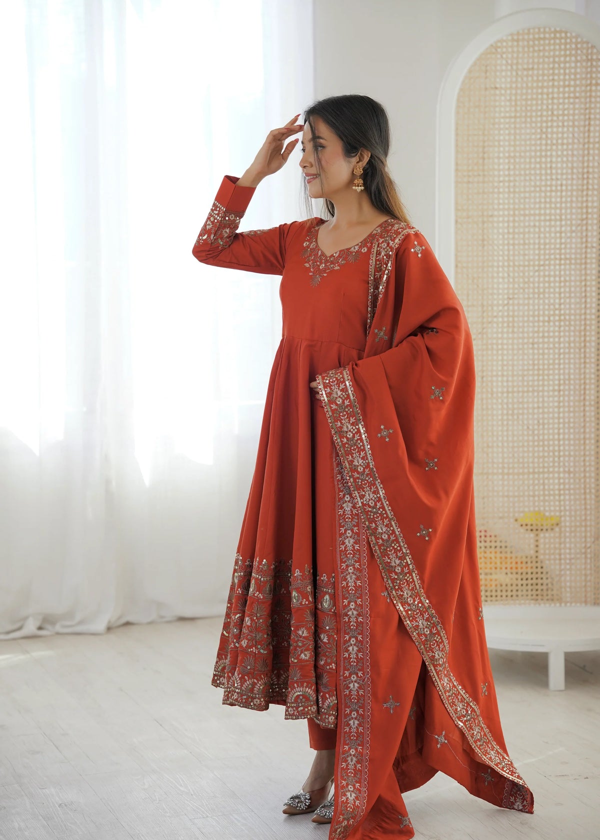 Orange Embroidered Roman Silk Kurta Pant