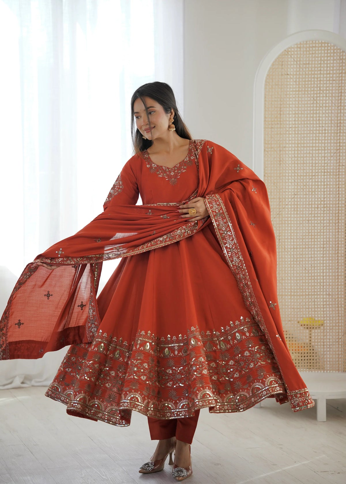 Orange Embroidered Roman Silk Kurta Pant