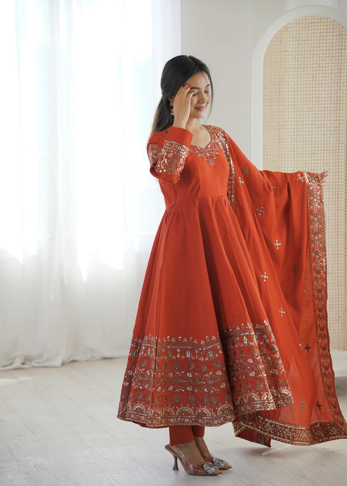 Orange Embroidered Roman Silk Kurta Pant