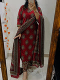 Red Ethnic Printed Kurti Pant Dupatta Set Traditional Daily & Festive Wear