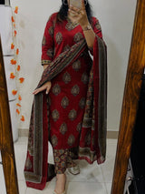 Red Ethnic Printed Kurti Pant Dupatta Set Traditional Daily & Festive Wear