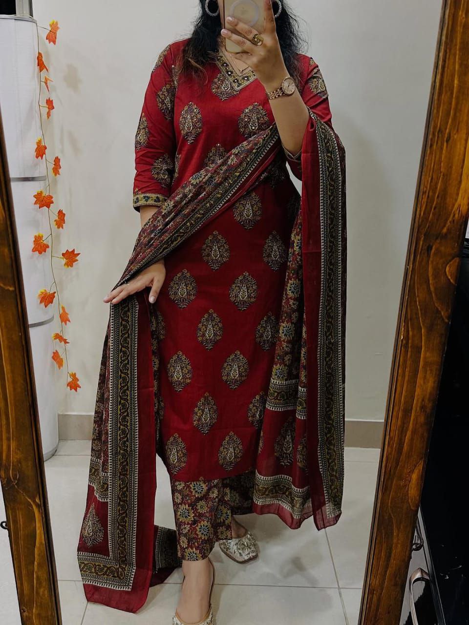 Red Ethnic Printed Kurti Pant Dupatta Set Traditional Daily & Festive Wear