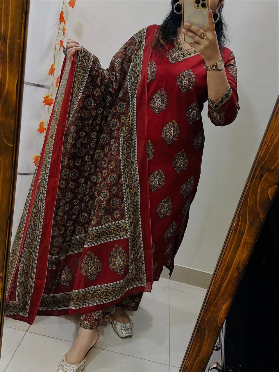 Red Ethnic Printed Kurti Pant Dupatta Set Traditional Daily & Festive Wear