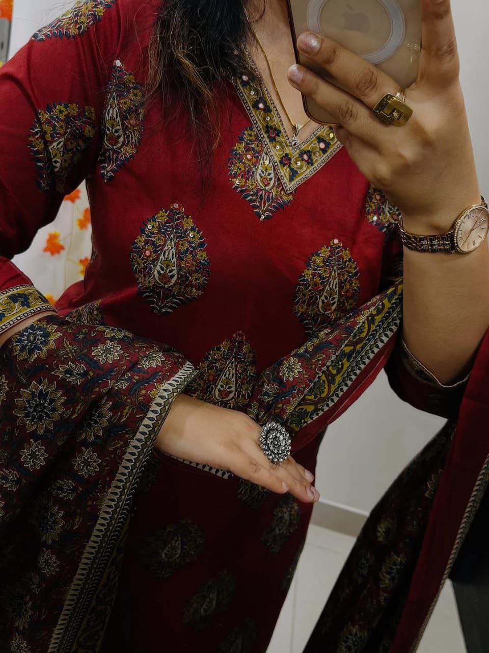 Red Ethnic Printed Kurti Pant Dupatta Set Traditional Daily & Festive Wear