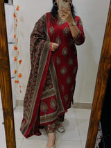 Red Ethnic Printed Kurti Pant Dupatta Set Traditional Daily & Festive Wear