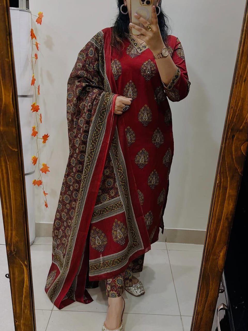 Red Ethnic Printed Kurti Pant Dupatta Set Traditional Daily & Festive Wear